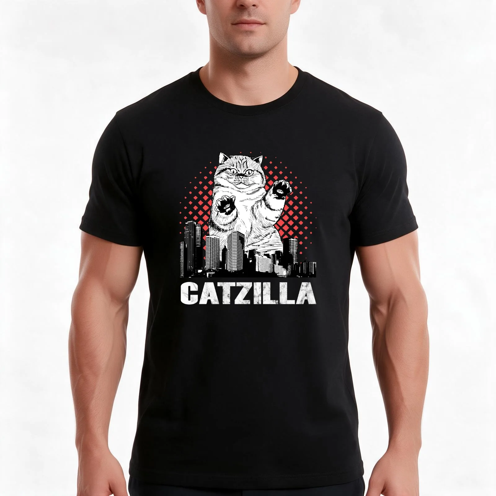 Catzilla Cat Cats Lover Pet Gift T-Shirt, Summer Casual Cotton Tee, Oversized Streetwear Tops, Vintage Graphic Print