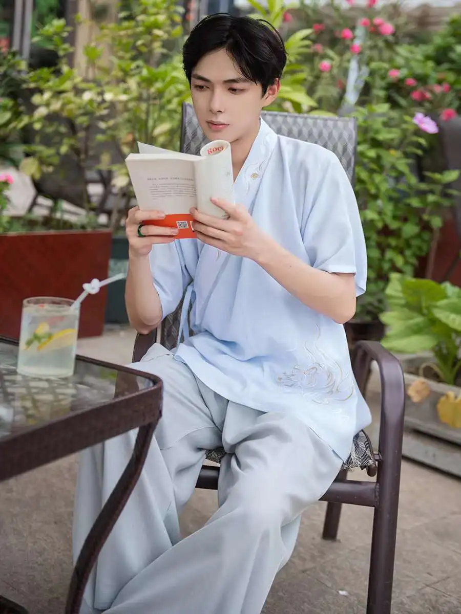 

summer Hanfu men's thin style cross collar clothes half arm short sleeved embroidery Chinese style hanfu ancient costume