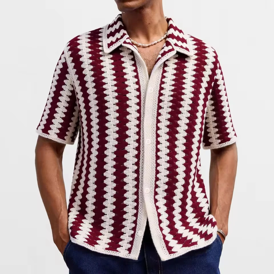 French Style Vintage New Fashion Men's Striped Color-coded Turn-down Collar Short Sleeve Shirts Male Casual Trendy Clothes Tops