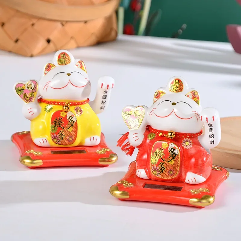 

5 Inches Solar Automatic Wave Hand Lucky Cat Ornament Creative Ceramics Cat Eco-friendly Decorations Store Opening Gift Mascot