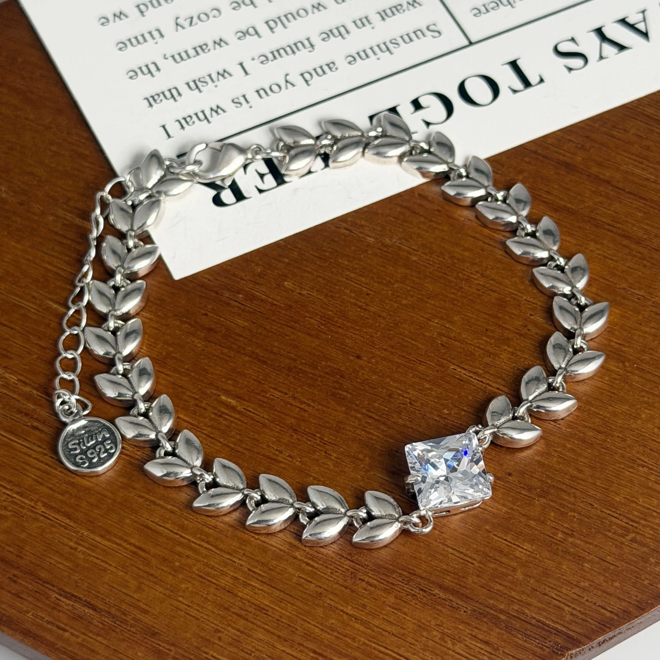100% Solid 925 Sterling Silver Metal Bracelet for Women Vintage Handmade Simple Retro Leaf Shape Bracelet Birthday Gift Party