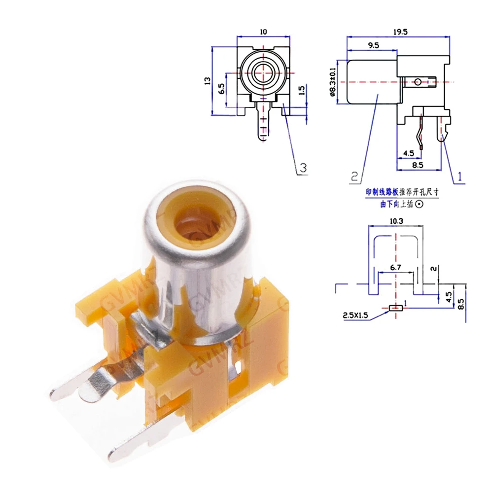 RCA-213/413 PCB Audio Jack, 3-Pin Female RCA Connector, Red/White/Yellow AV Socket for Amplifier Integrated circuit
