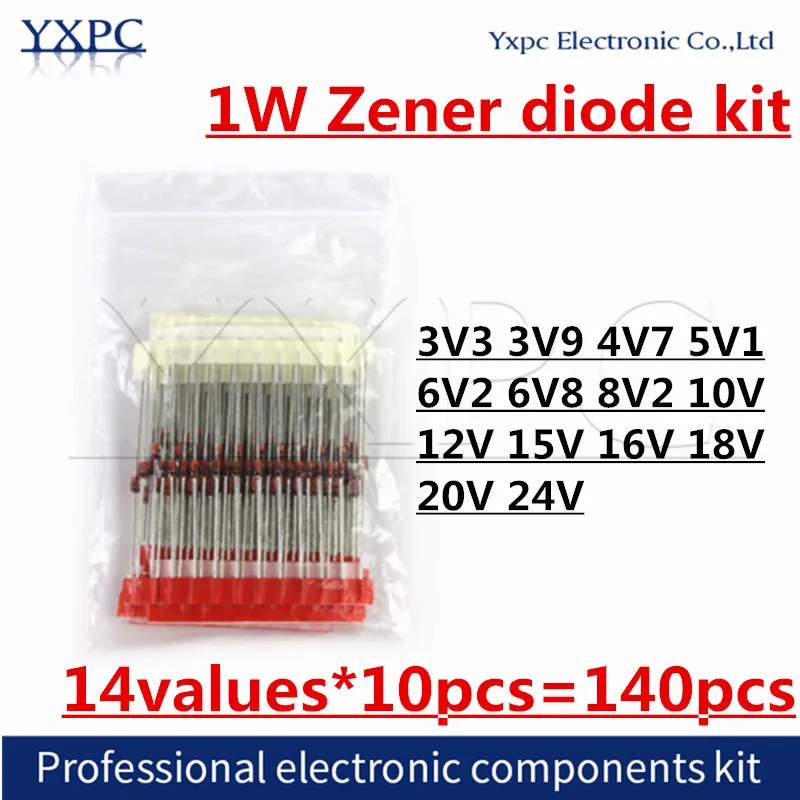 14values X10pcs=140pcs 1W Zener diode kit 3V3-24V Assorted Assortment Set New electronic component diy kit DO-41