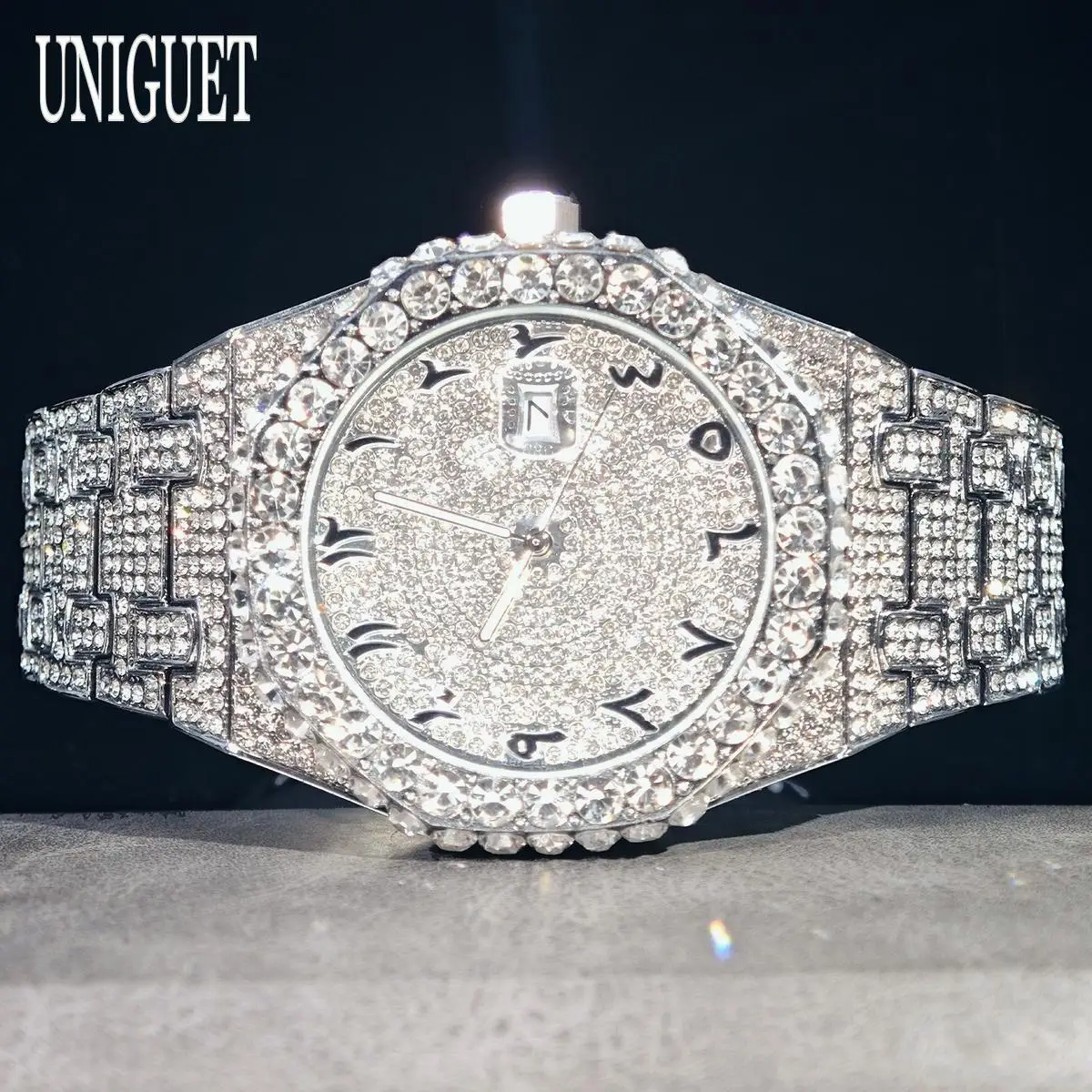 UNIGUET Luxury Big Diamond Watch for Men Hip Hop Iced Out Bling Gold Quartz Wristwatch with Date 2026 Hot Sale Reloj Hombre