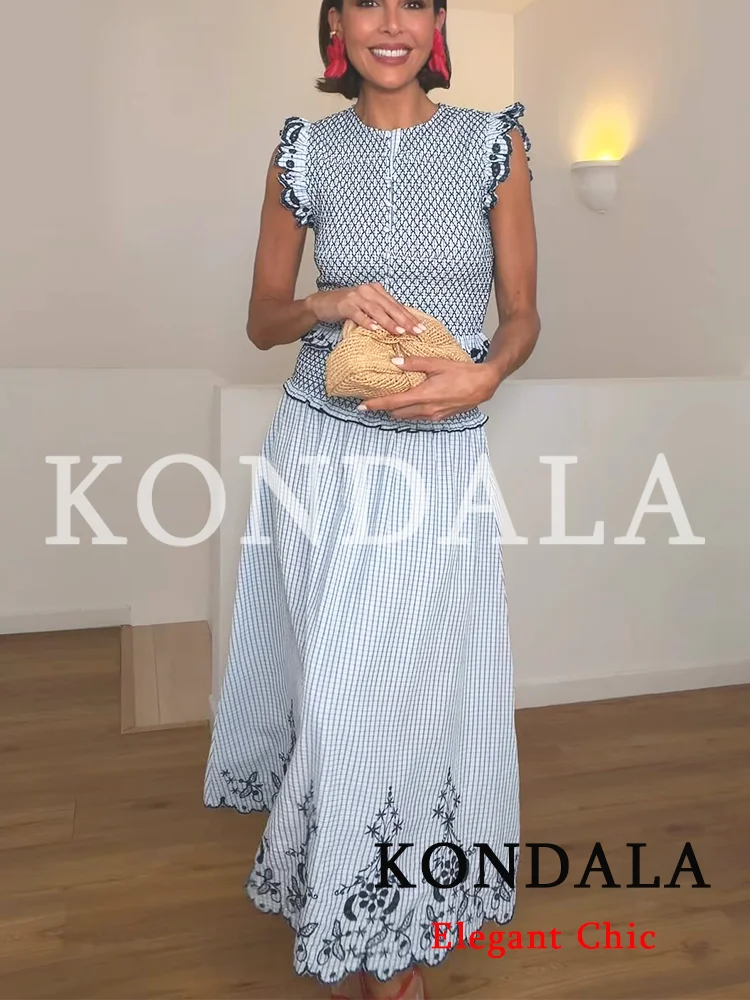 KONDALA Women Trendy Elegant Embroidery Blue Skirt Set  Casual Set Plaid Vest Midi Skirt 2026 Spring Summer Holiday Beach Set view 3
