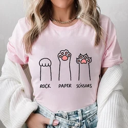 Rock Paper Scissors Funny Cat Paw Print T Shirt Women Summer Soft Oversized Tops Fashion Casual Short Sleeve Street Tshirt
