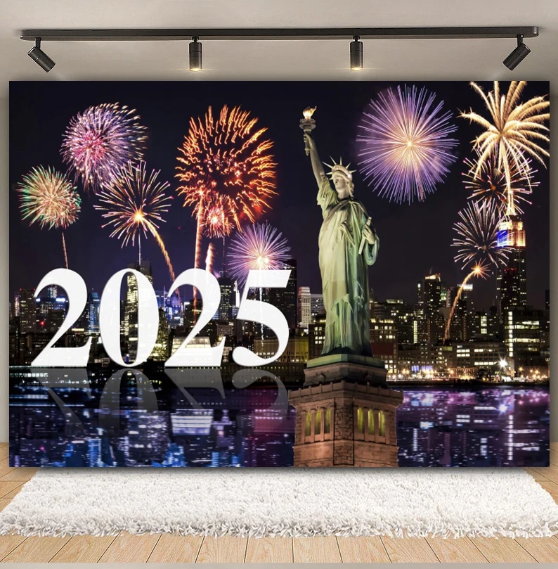 2025 Happy New Year Fireworks Photography Backdrop New Year Eve Clocks Champagne Family Party Christmas Background Photo Studio