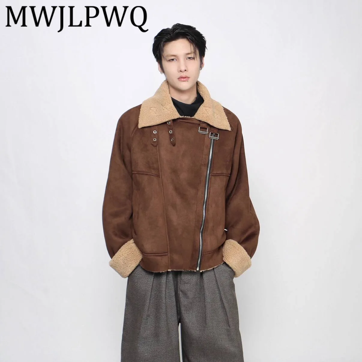 

MWJLPWQ шерстяная замшевая куртка в американском стиле с мотоциклетным воротником для мужчин, уличная зимняя флисовая куртка с лацканами, новое повседневное пальто для пар 21690