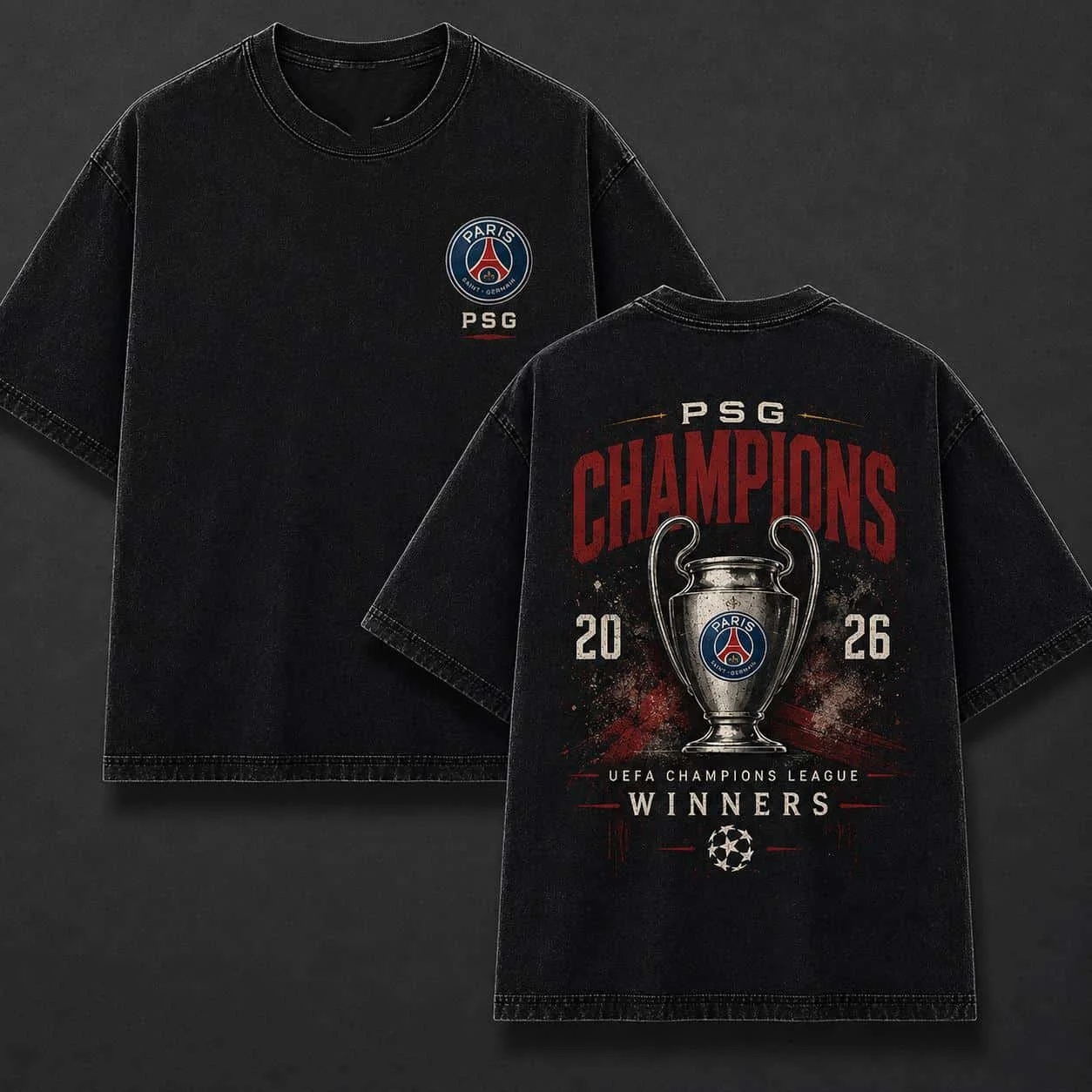 Camiseta Masculina Lavada PSG Campeões da Liga dos Campeões 2026 Verão - Camiseta de Futebol UCL PSG Troféu Vintage Y2K