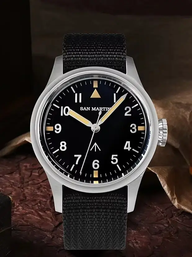 San Martin 38.5mm Wristwatch Simple Pilot Automatic Mens Watch NH35 Luminous Reloj 10Bar Sapphire Military Field SN0105NB-1