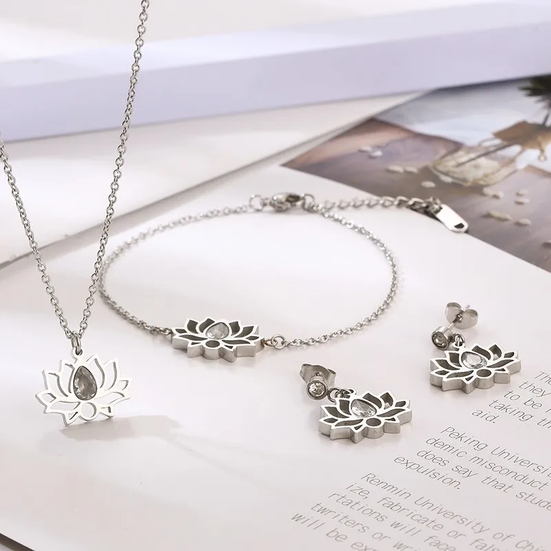 3pcs Elegant Lotus Flower Rhinestone Earrings Bracelet Necklace For Women Stainless Steel Gold Silver Color Jewelry Sets Luxury