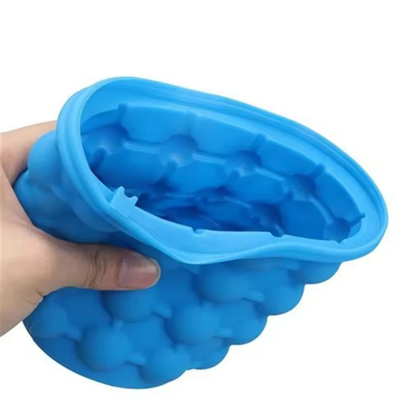 

2 In 1 Silicone Ice Cube Maker Blue Round Bucket Freeze Tray Portable Cooler Beer Drinking Whiskey Cabinet Kitchen Bar Tools
