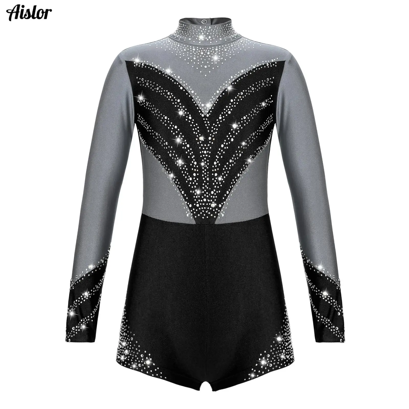 

Kids Girls Gymnastic Figure Skating Jumpsuit Shiny Diamond Long Sleeve Contrast Color Dance Leotard Rompers Ballet Dancewear