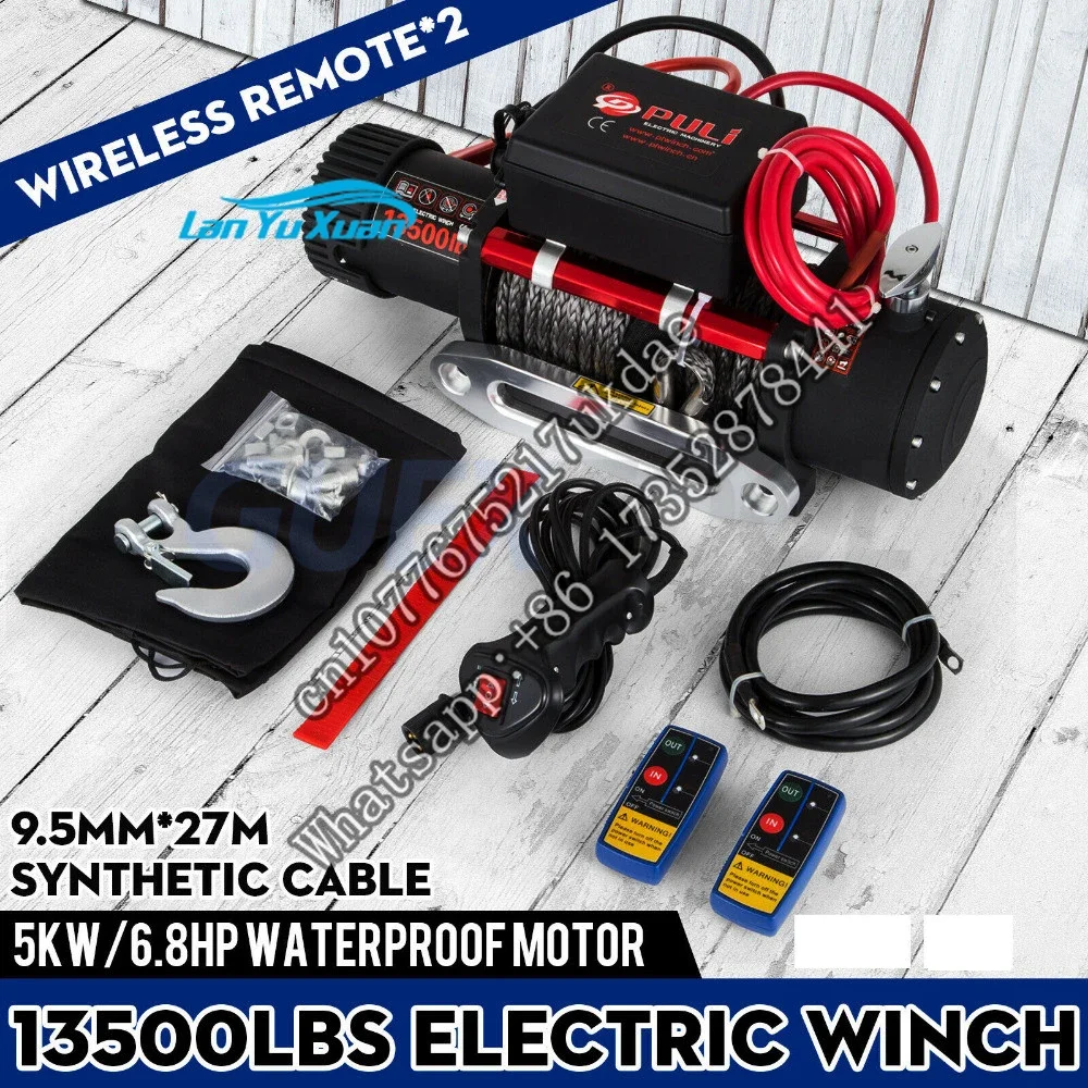 Cabrestante eléctrico de 12v y 6T, cabrestante de recuperación ATV, cuerda sintética de 13500 libras con Control remoto para grúa de elevación ATV