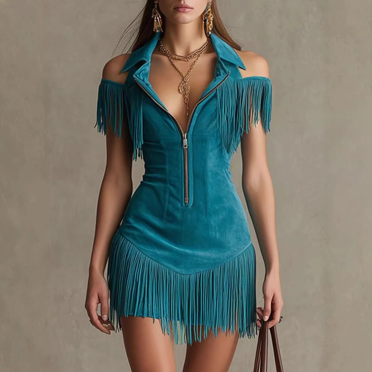

American Retro Suede Fringe Dress Woman Summer Off Shoulder Lapel Zip Up Bodycon Mini Dress Sleeveless Western Party Dress