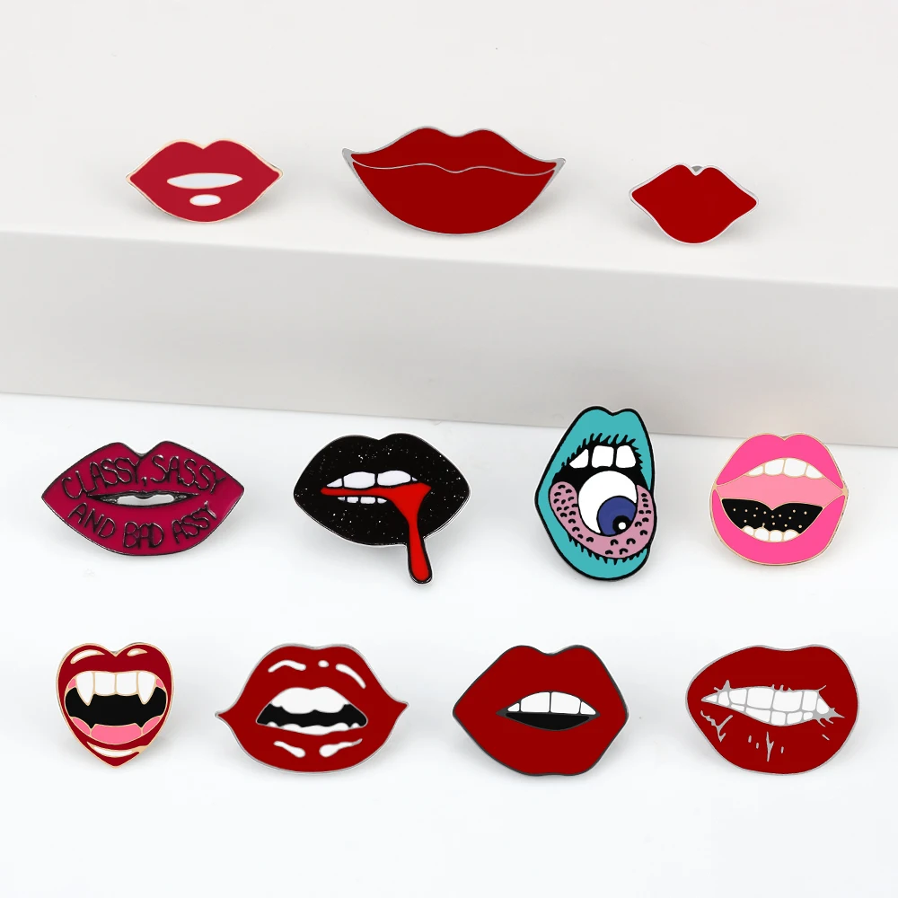 Creative Sexy Red Lips Brooch Cartoon Fashion Punk Enamel Pins For Women Backpack Lapel Badges Jewelry Friends Gifts Accessories