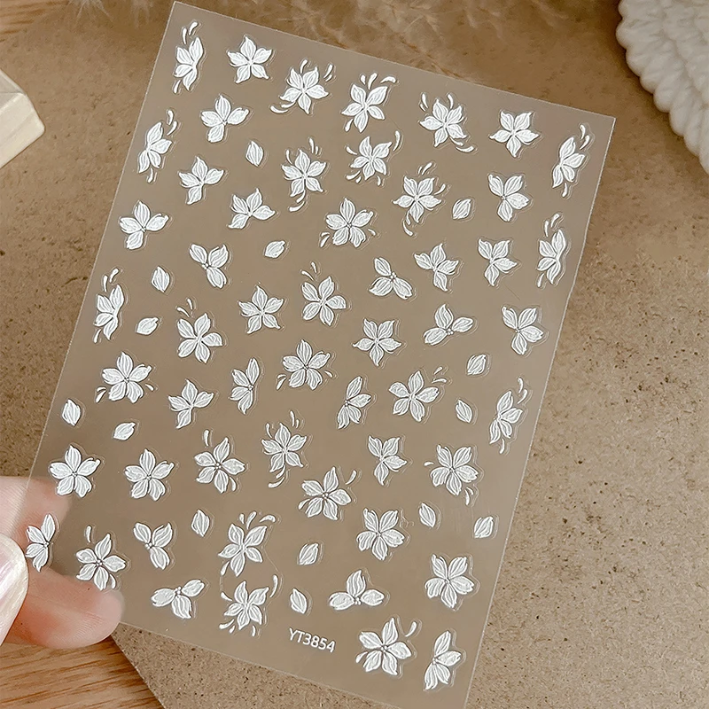 Embossed White Flower Nail Stickers Summer Small Flower 3D Nail Art Decorations Self-Adhesive Slider Manicure Tattoo Tool Salon