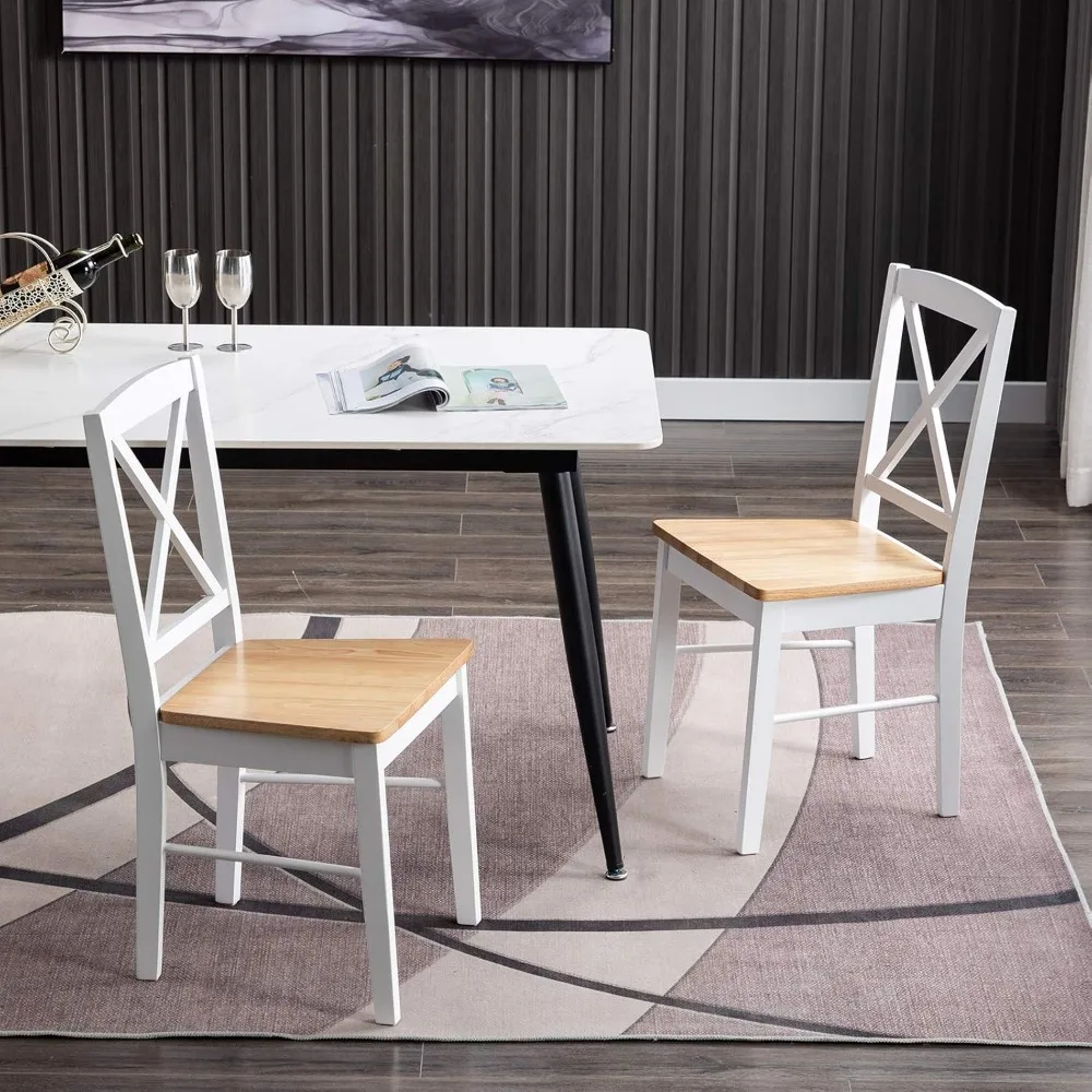 زوج من المقعد الطبيعي الحديث وقاعدة بيضاء قابلة للتكديس من خشب المطاط كراسي تناول الطعام ذات الظهر المتقاطع للمطبخ وغرفة الطعام