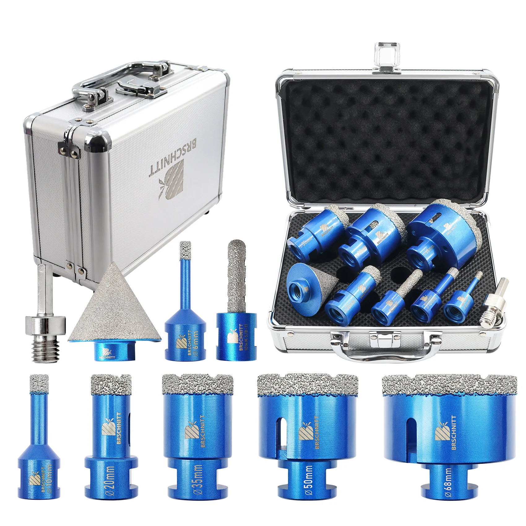 BRSCHNITT 9pcs Diamond Drill Bit Set Dia 6-68mm M14 Thread Hole Saw Core Bits for Porcelain Tiles Granite Marble