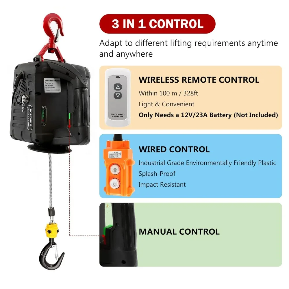 3 in 1 Portable Electric Hoist 110V Wired & Wireless Remote Control 500kg/1102lbs Capacity Crane Winch Hook Pulley Lifting Strap