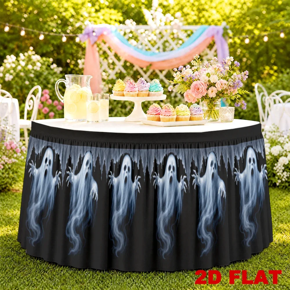 One table skirt with ghostly print, 2D flat design, Halloween decoration, terrifying background