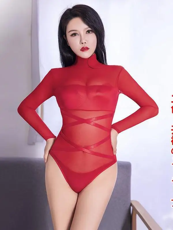 New Temptation Splicing Thin Mesh Long Sleeved Tight Sexy Women Bodysuits Gauze Breathable Nightclub Bold Sheer Charm Slim 0CUH