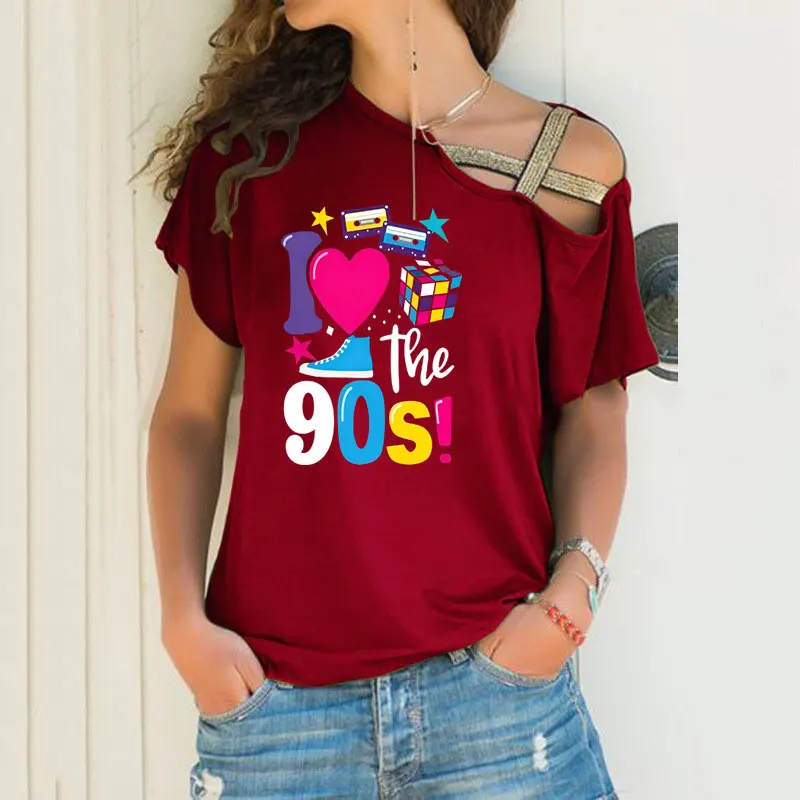 Fashion Women\'s t shirt Sexy Off Shoulder Short Sleeve 90\'s Retro Feeling Graphics Prin Irregular Skew Cross Bandage Tops Tees