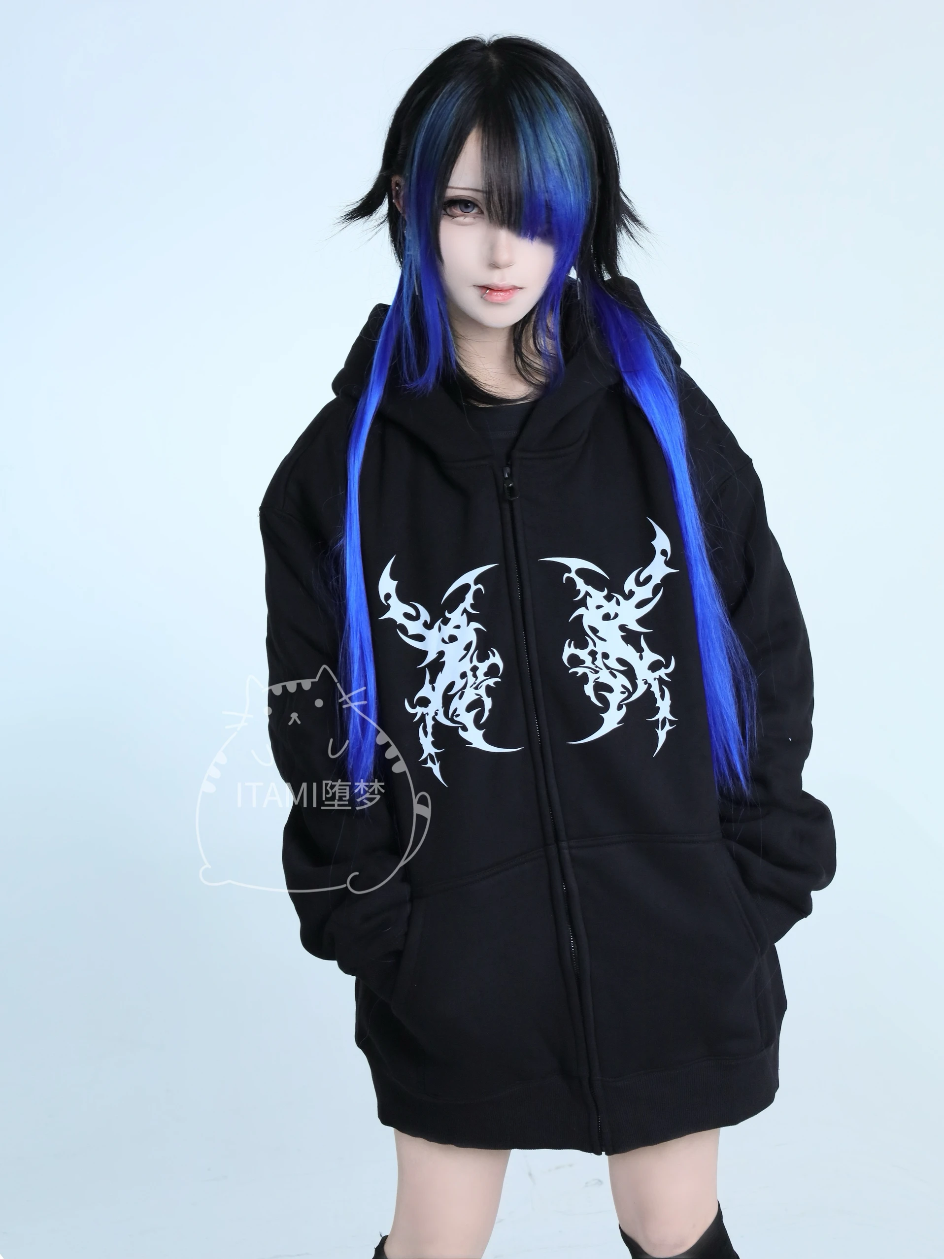 Japanese Mine Style Subculture Dark Punk Goth Print Loose Zip Up Hoodie Fleeced Casual Oversized Sweatshirts Jacket Women Winter