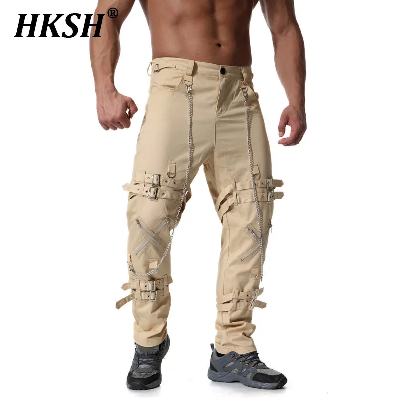 

HKSH Men's Punk Trend Workwear Safari Style Cargo Pants Personalized Metal Decoration Large Size Casual New Overalls Dark HK0998