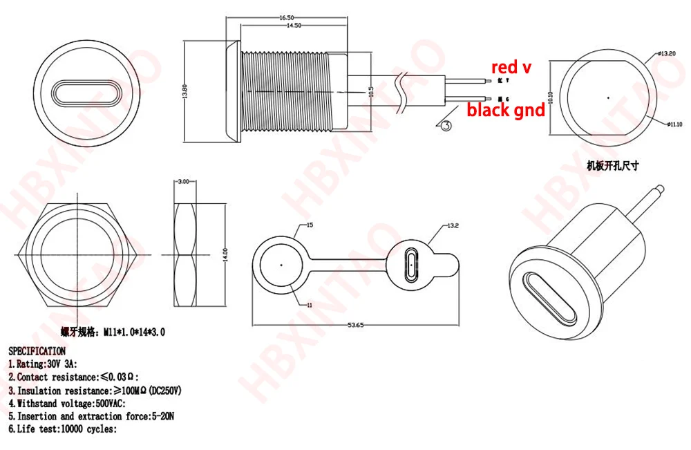 Imagem -06 - Usb tipo c Tomada de Carregamento Rápido com Porca Placa de Bloqueio Tomada Fêmea Impermeável Conector Fêmea Alta Corrente 2p 4p Ph2.0 50 Pcs