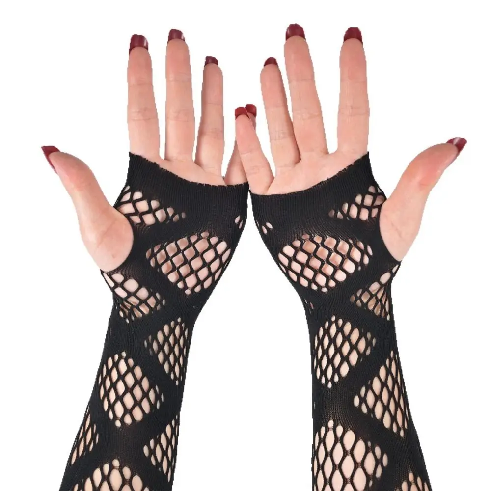 Star Fishnet Long Mesh Gloves Hollow-Out Performance Dance Half-Finger Lace Mittens Arm Sleeves Black Mesh Fishnet Gloves