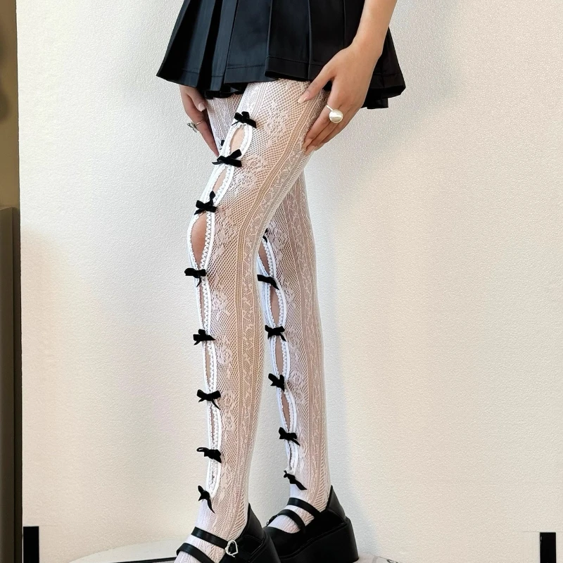 Original Design Red Sexy Hot Girl Bow Lace Hollow Out Women's Fishnet Stockings Japanese New Cute Girl Color-Block Tights Ladies
