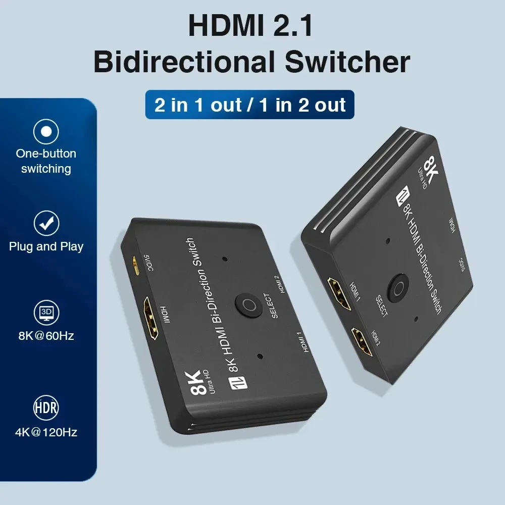 HDMI 2.1 przełącznik Splitter dwukierunkowy 2 in1 out 1 w2 Ultra HD 8K @ 60Hz 4K @ 120Hz przełącznik dla PS5,Xbox,PC, TV, pudełko HD przełącznik