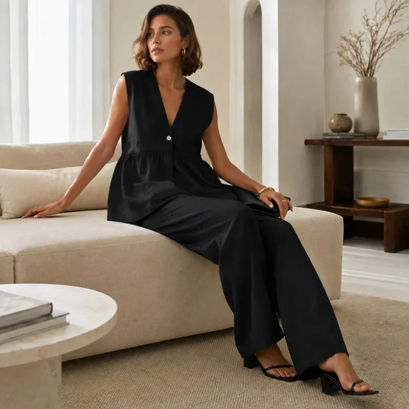Women Elegant Sleeveless Top Wide Leg Pants Set High Waist Two Piece Outfit Summer Office Lady Workwear Casual Fashion Suit New