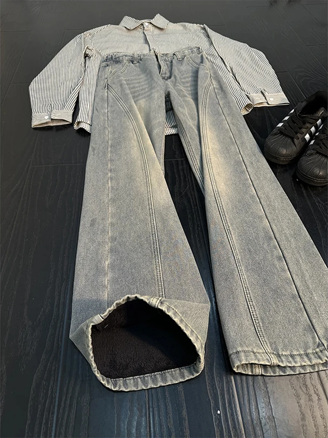 

Retro American Blue Thiened Fce Lined Men's Jeans Autumn Winter High Waist Slim Fit Knife Denim Pants Cleanfit Sle