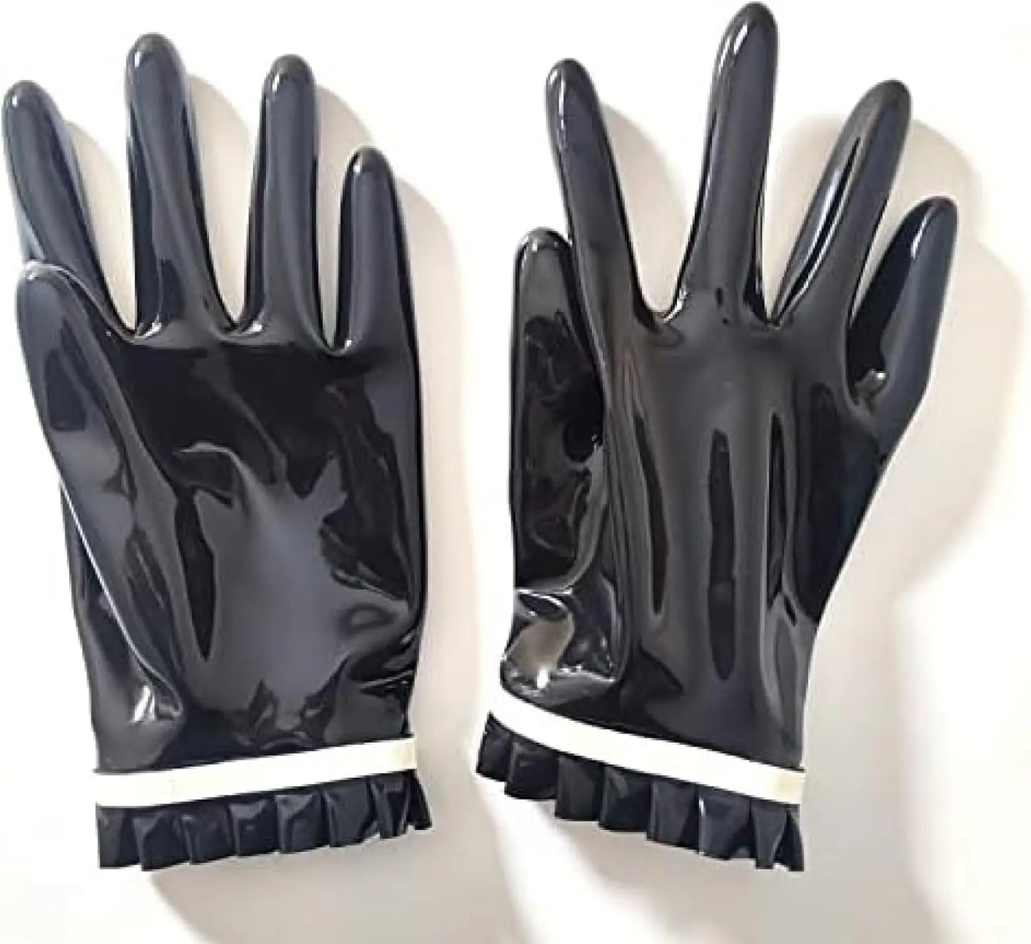 Black Latex Short Gloves with Pleated Lace Edges 0.4mm