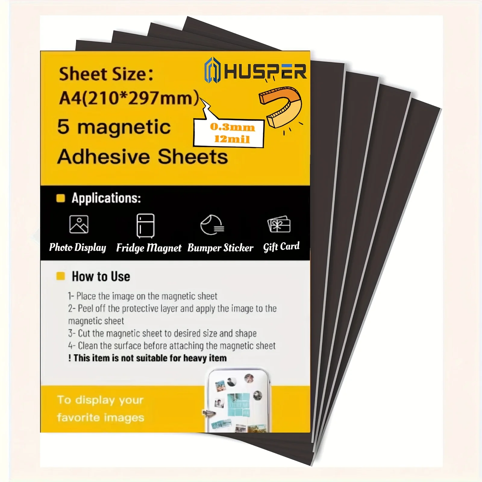 HUSPER Size A4 0.3mm(12 Mil) 5 Sheets Flexible Magnet Sheets with Self Adhesive Sticky Magnetic Paper-8.3×11.7 inch