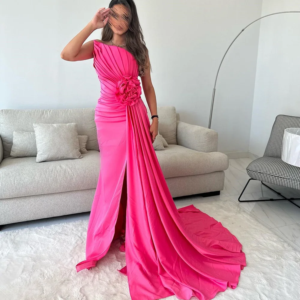 

One Shoulder Sleeveless 3D Appliques Prom Gown Temperament Sexy Backless Pleat Evening Party Dresses فساتين السهرة 2023 جديده