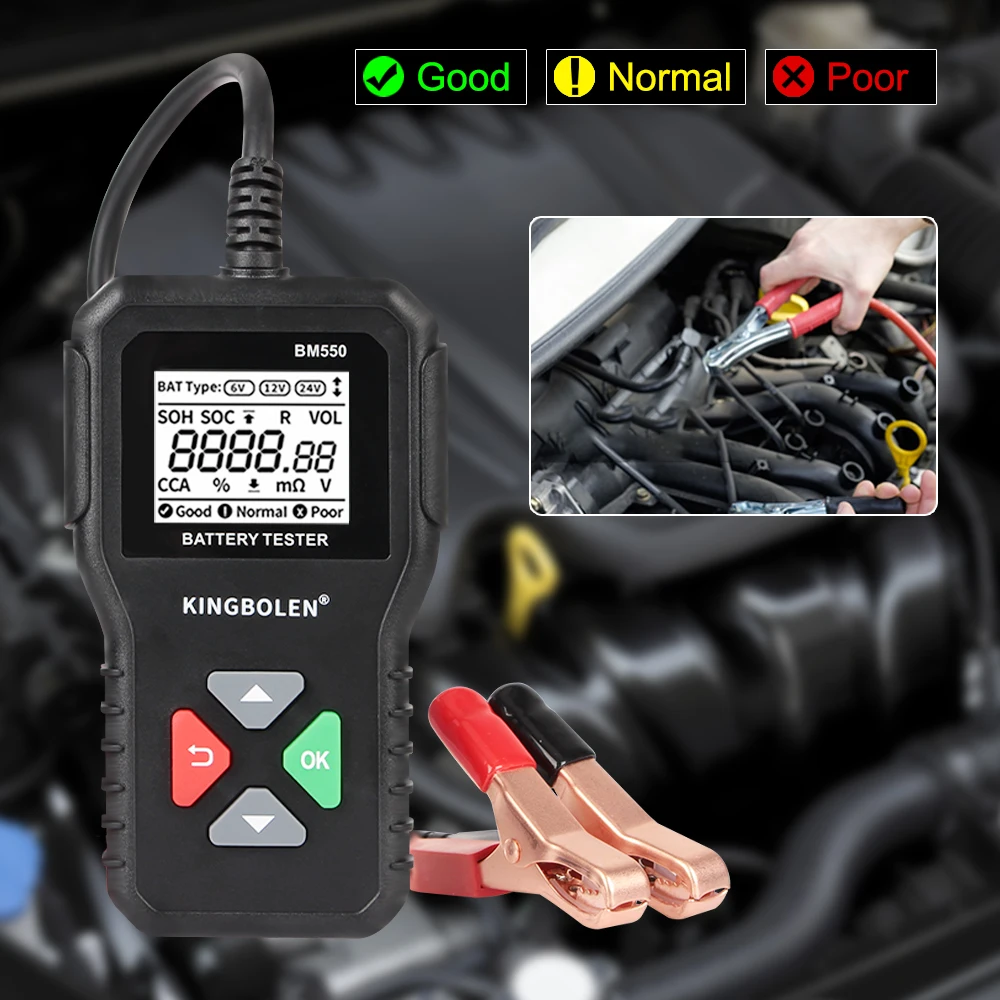 

Black Car Battery Tool Battery System Detect Auto Battery Analyzer Car Battery Tester 6V 12V 24V 100-2000 CCA BM550