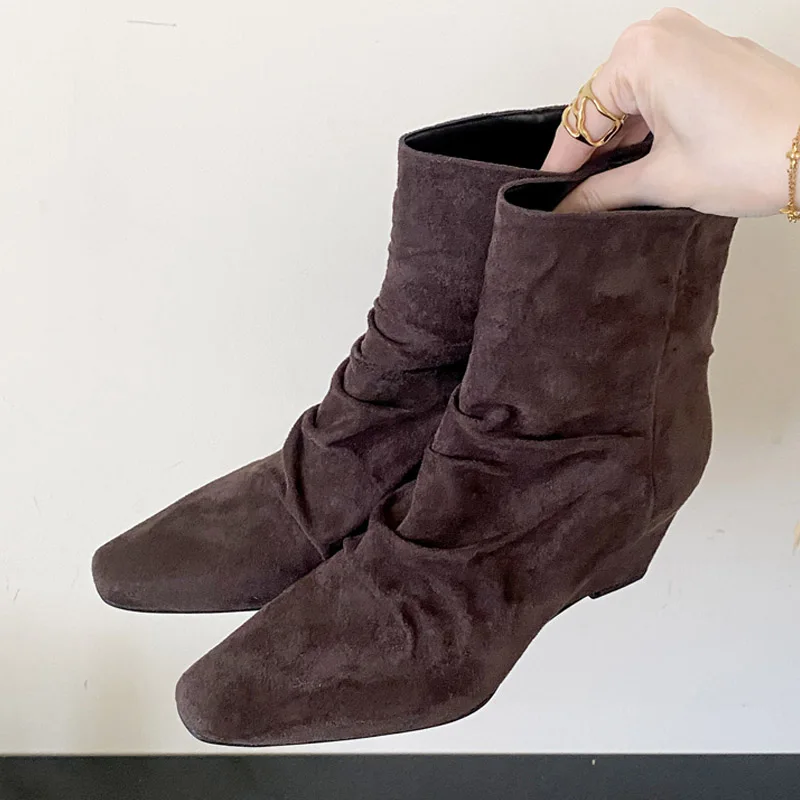 Eilyken 2027 Bohemian Style Ruched Slouchy Ankle Boots Women Pointed Toe Wedge Heels Shoes Autumn Winter Slip On Ladies Botas