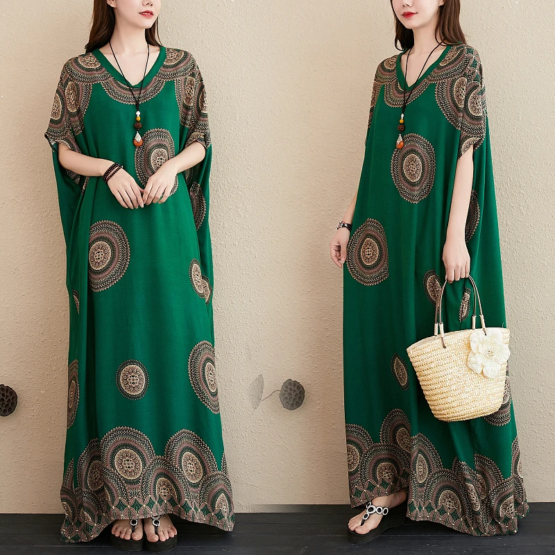 

2022 Dubai Kaftan Batik Summer Beach Dress Retro Bohemian Lady V-neck Cotton Green Dress Plus Size Women's Vintage Robe