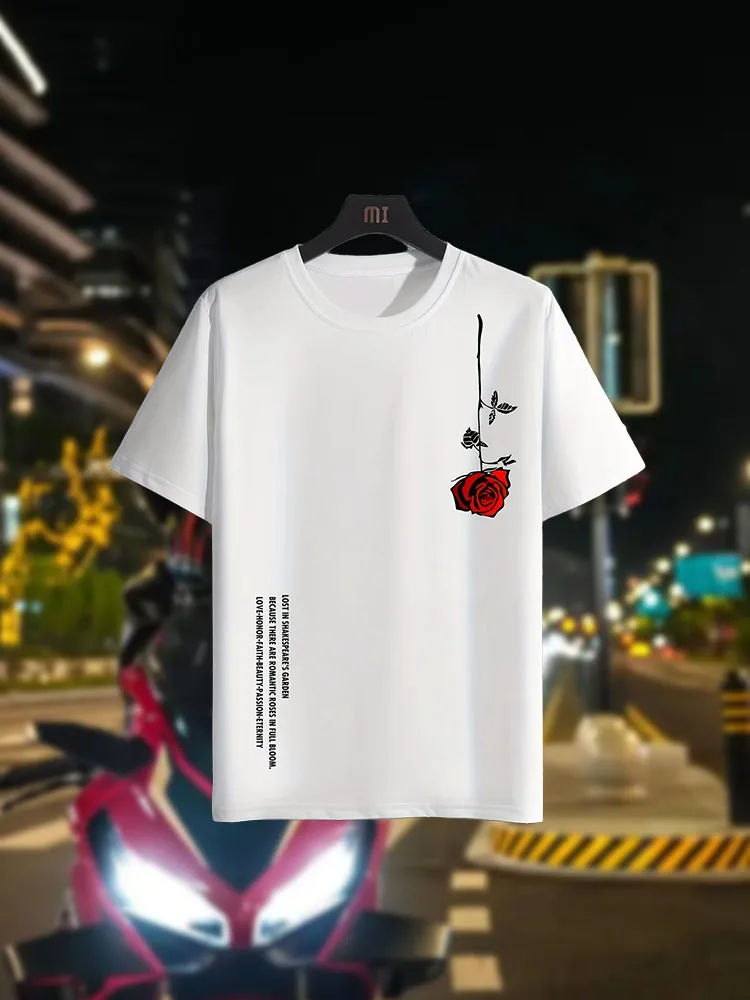 

Motocycle Men's Summer Loose Size 100% Cotton Rose Print Casual Slim Fit Round Neck Short Sleeve T-Shirt Top