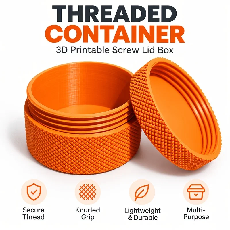 3D Printed Screw Top Storage Box, Portable Mini Hard Case, Small Parts Organizer for Desktop Workspace