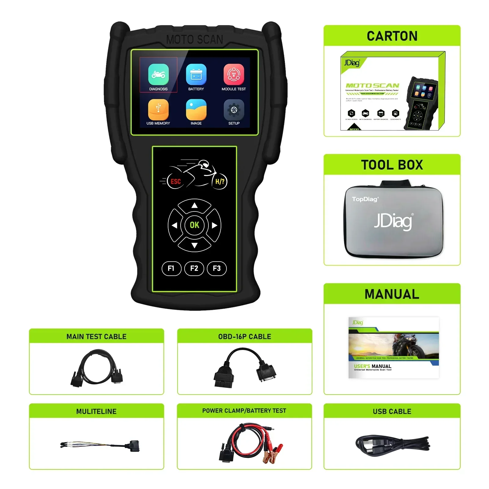 In stock JDiag M100 Pro Motorcycle Scanner D87D88 Function Diagnostic Tool OBD Version  Battery Tester Motorcycle Diagnostics