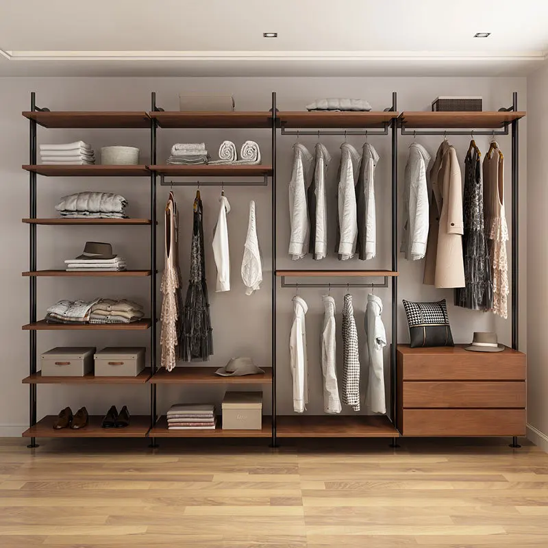 Open Wardrobe Home Bedroom Wrought Iron Hanging Hanger Floor to Floor Walk-in Cloakroom Shelf Metal Shelf