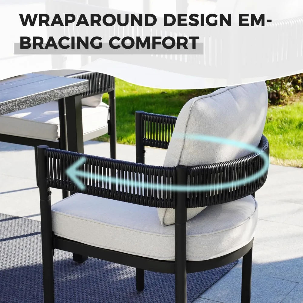 Outdoor Dining Set for 6, 7 PCS Patio Table and Chairs Set, Metal Woven Wicker Fixed Patio Chairs with Thickened Cushions & 1 R