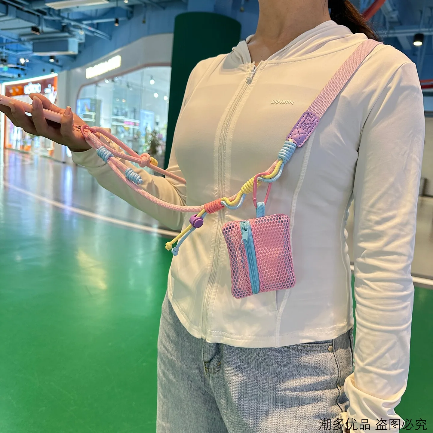 Handmade Dopamine Color Woven Mobile Phone Lanyard Crossbody Pendant Mini Bag Buggy Strap Portable