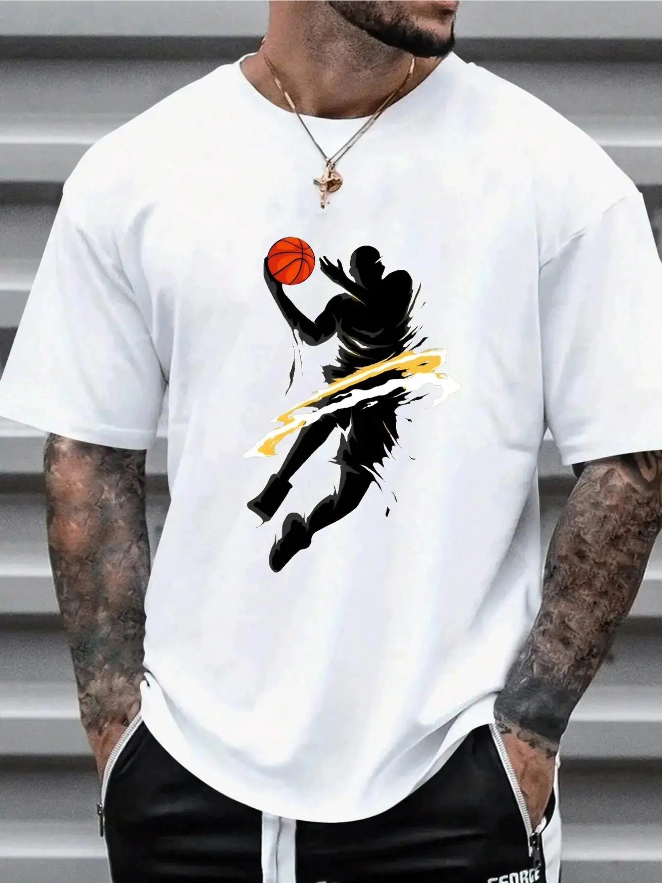 Men's Basketball Graphic T-Shirt - Athletic Dunk Design with Orange Accent - Lightweight Breathable Fabric Crew Neck Tee for Gym, , Gym Workout Shirt, Sporty Aesthetic, Comfortable Fit, Short Sleeve Top, Streetwear Lovers