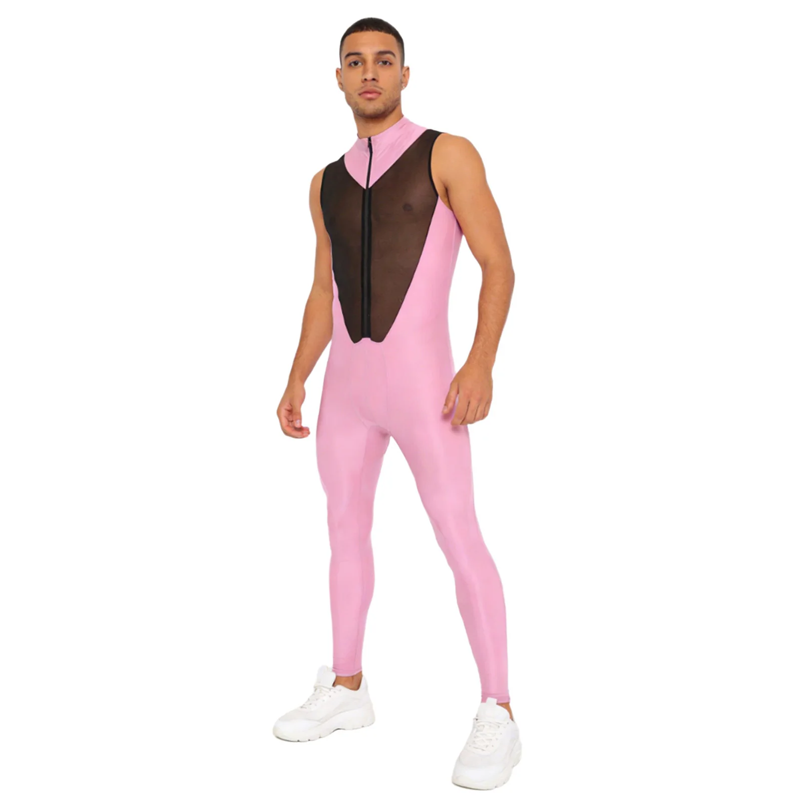 Herren-Badeanzug, glänzend, durchsichtiges Netz, Patchwork-Overall, Body, Reißverschluss vorne, Schritt, lange Hosen, Leggings, Catsuit, Bademode, Clubwear