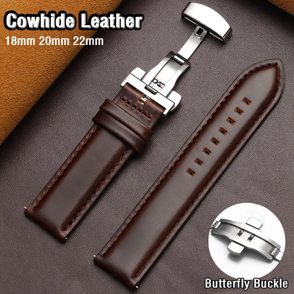 Leather Watch Band 18mm 20mm 22mm Universal Bracelet Quick Release Replacement Strap  Butterfly Buckle Wristband Accessories